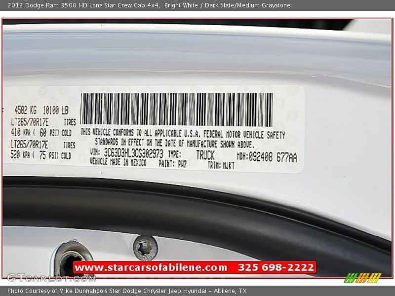Bright White / Dark Slate/Medium Graystone 2012 Dodge Ram 3500 HD Lone Star Crew Cab 4x4