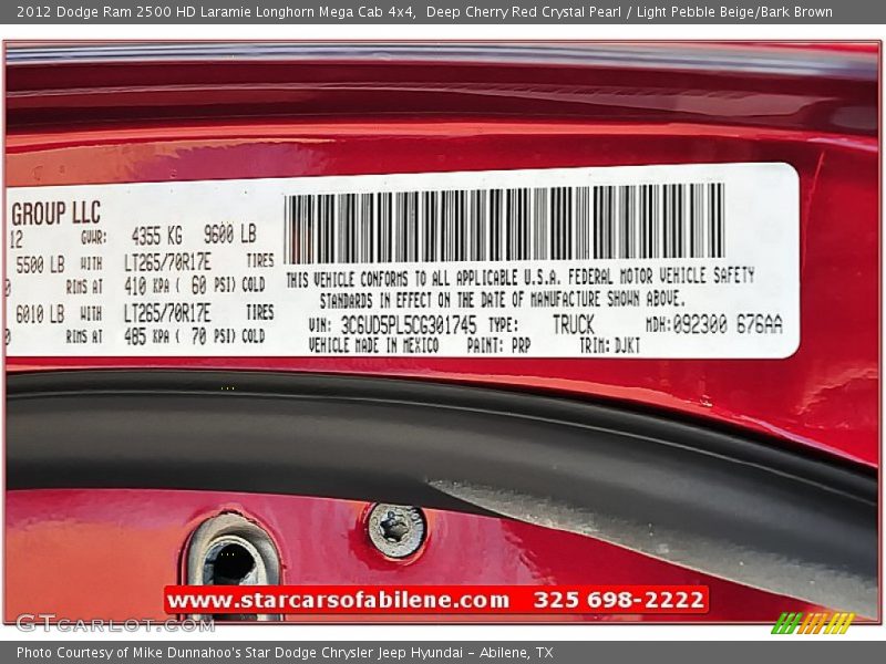 Deep Cherry Red Crystal Pearl / Light Pebble Beige/Bark Brown 2012 Dodge Ram 2500 HD Laramie Longhorn Mega Cab 4x4
