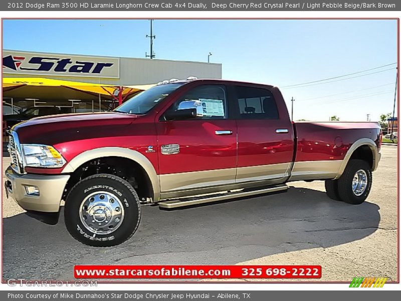 Deep Cherry Red Crystal Pearl / Light Pebble Beige/Bark Brown 2012 Dodge Ram 3500 HD Laramie Longhorn Crew Cab 4x4 Dually
