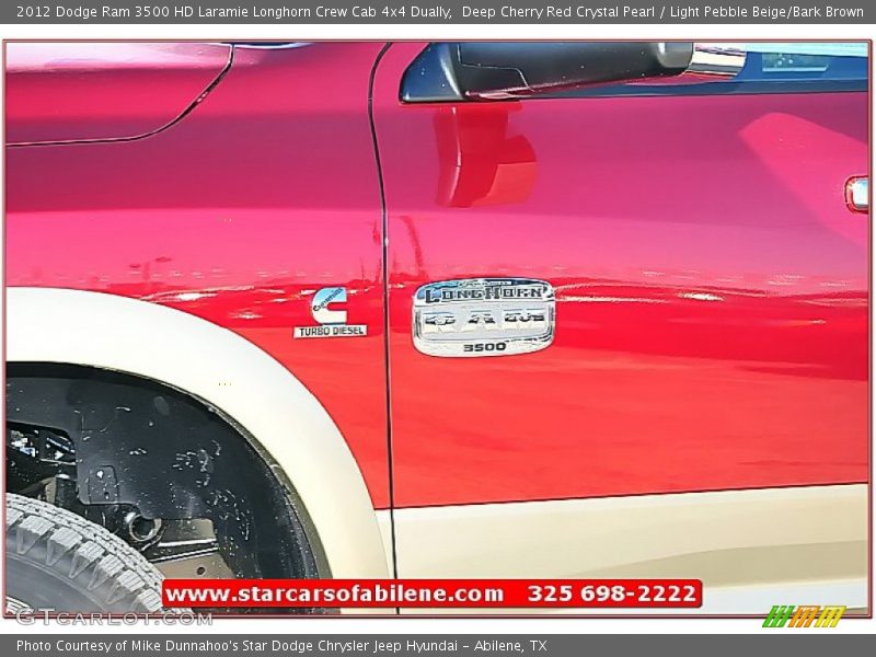 Deep Cherry Red Crystal Pearl / Light Pebble Beige/Bark Brown 2012 Dodge Ram 3500 HD Laramie Longhorn Crew Cab 4x4 Dually