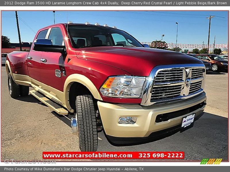 Deep Cherry Red Crystal Pearl / Light Pebble Beige/Bark Brown 2012 Dodge Ram 3500 HD Laramie Longhorn Crew Cab 4x4 Dually