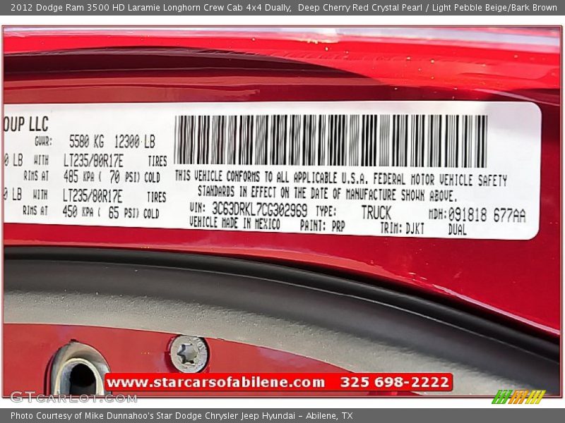 Deep Cherry Red Crystal Pearl / Light Pebble Beige/Bark Brown 2012 Dodge Ram 3500 HD Laramie Longhorn Crew Cab 4x4 Dually