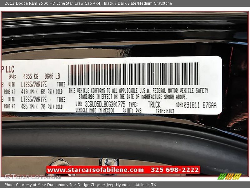 Black / Dark Slate/Medium Graystone 2012 Dodge Ram 2500 HD Lone Star Crew Cab 4x4