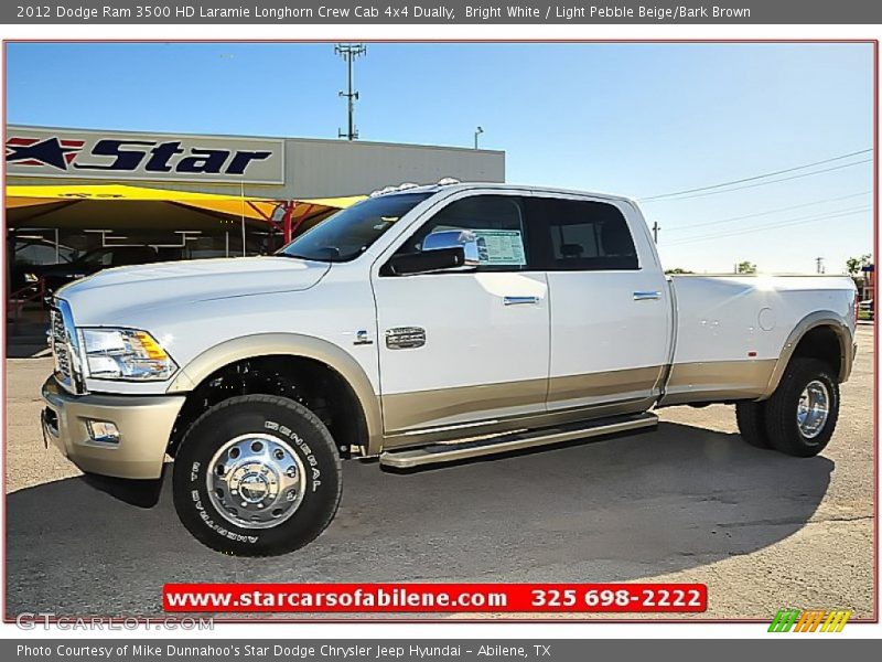 Bright White / Light Pebble Beige/Bark Brown 2012 Dodge Ram 3500 HD Laramie Longhorn Crew Cab 4x4 Dually