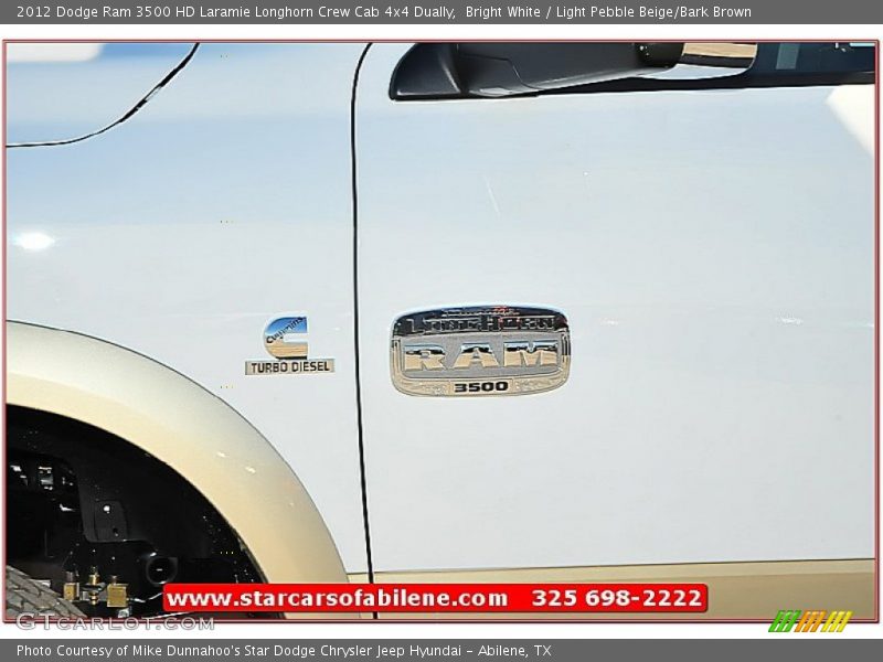 Bright White / Light Pebble Beige/Bark Brown 2012 Dodge Ram 3500 HD Laramie Longhorn Crew Cab 4x4 Dually