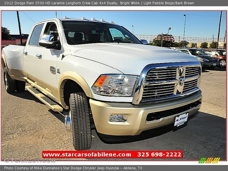 Bright White / Light Pebble Beige/Bark Brown 2012 Dodge Ram 3500 HD Laramie Longhorn Crew Cab 4x4 Dually
