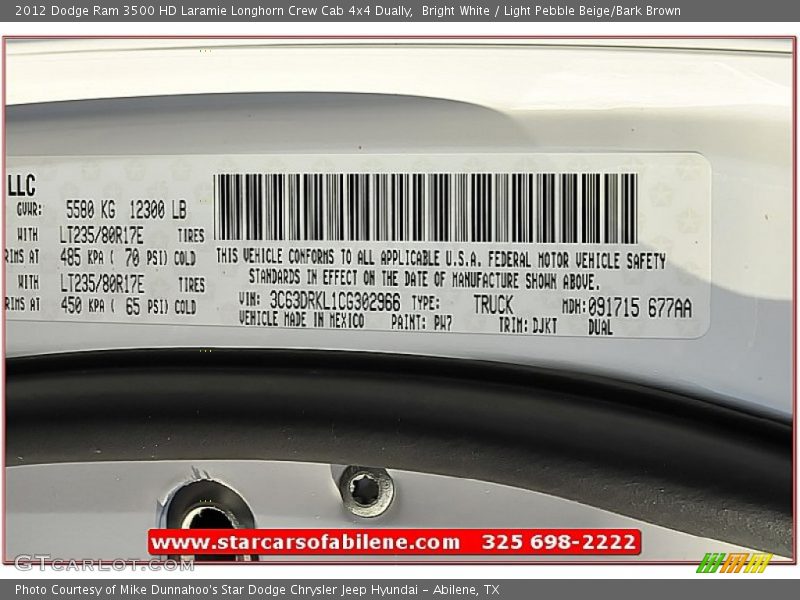 Bright White / Light Pebble Beige/Bark Brown 2012 Dodge Ram 3500 HD Laramie Longhorn Crew Cab 4x4 Dually