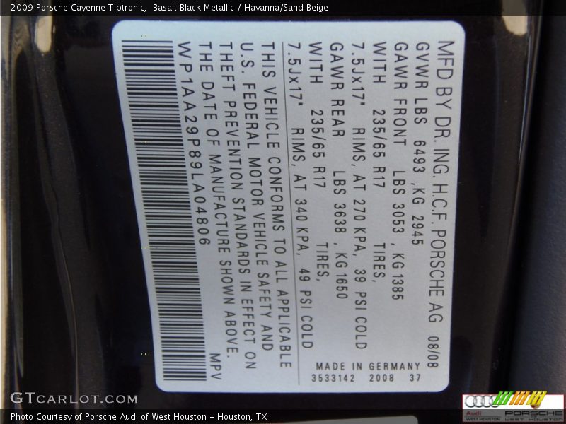 Basalt Black Metallic / Havanna/Sand Beige 2009 Porsche Cayenne Tiptronic