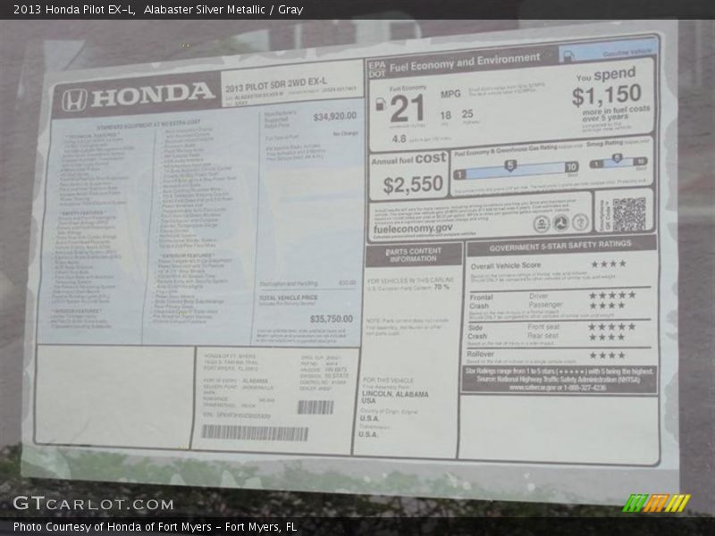 Alabaster Silver Metallic / Gray 2013 Honda Pilot EX-L