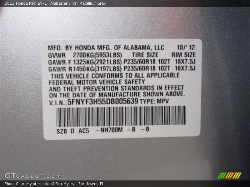 Alabaster Silver Metallic / Gray 2013 Honda Pilot EX-L