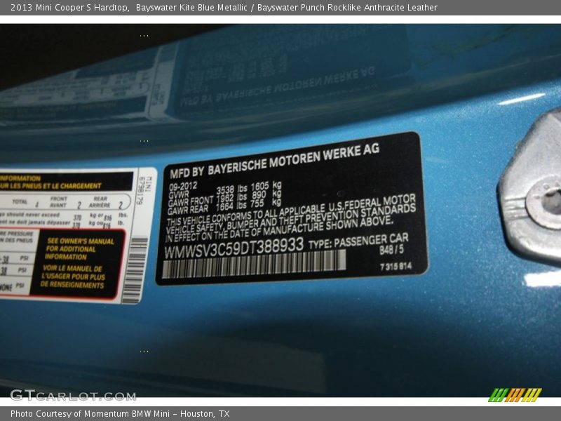 2013 Cooper S Hardtop Bayswater Kite Blue Metallic Color Code B48