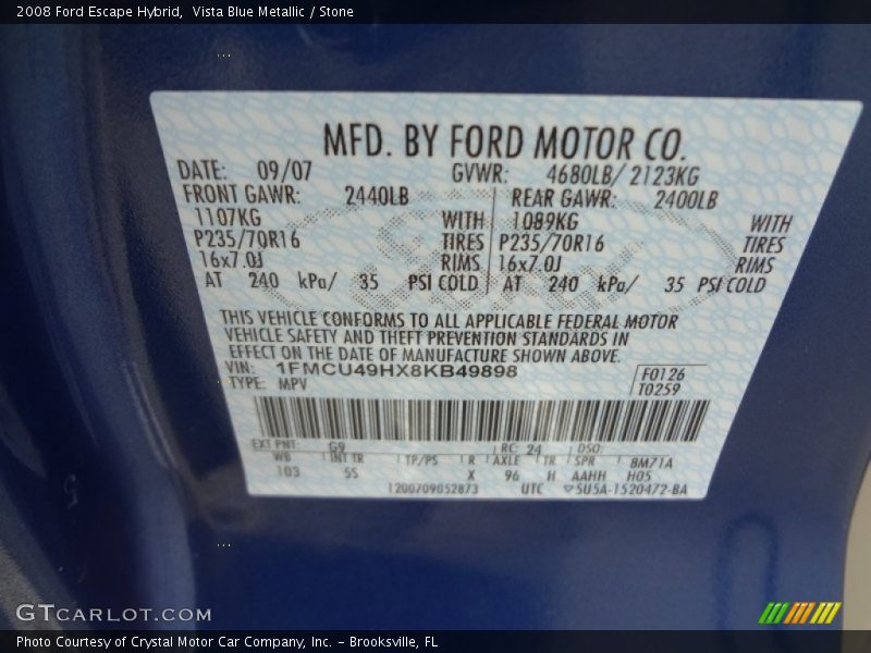 Vista Blue Metallic / Stone 2008 Ford Escape Hybrid