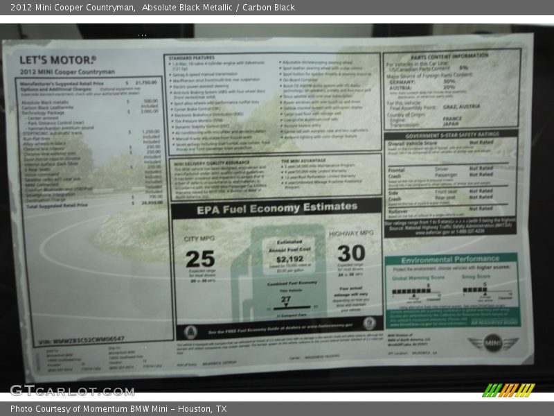 Absolute Black Metallic / Carbon Black 2012 Mini Cooper Countryman
