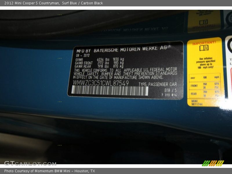 2012 Cooper S Countryman Surf Blue Color Code B18