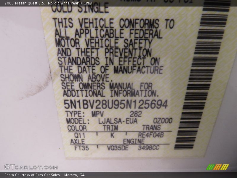 Nordic White Pearl / Gray 2005 Nissan Quest 3.5