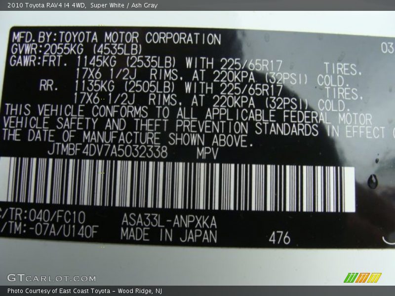 Super White / Ash Gray 2010 Toyota RAV4 I4 4WD