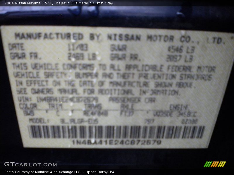 Majestic Blue Metallic / Frost Gray 2004 Nissan Maxima 3.5 SL