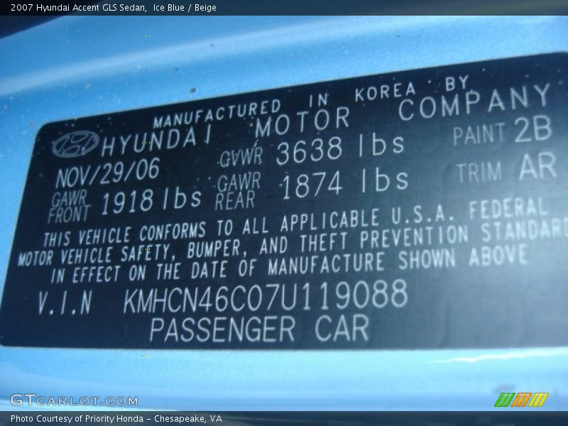 2007 Accent GLS Sedan Ice Blue Color Code 2B