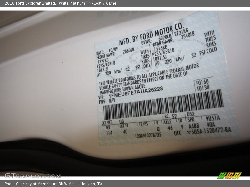 White Platinum Tri-Coat / Camel 2010 Ford Explorer Limited