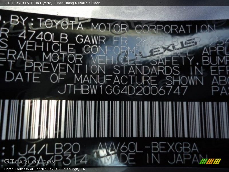 Silver Lining Metallic / Black 2013 Lexus ES 300h Hybrid