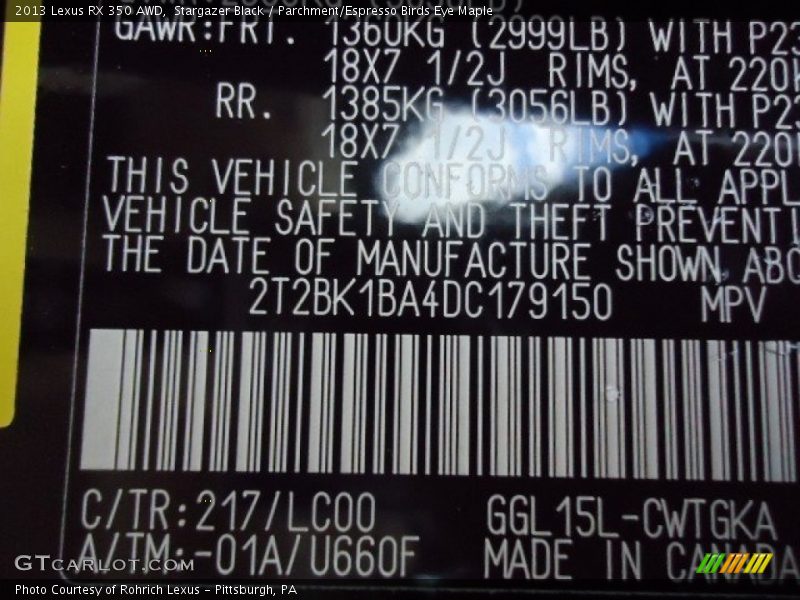 Stargazer Black / Parchment/Espresso Birds Eye Maple 2013 Lexus RX 350 AWD