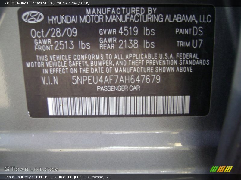 Willow Gray / Gray 2010 Hyundai Sonata SE V6
