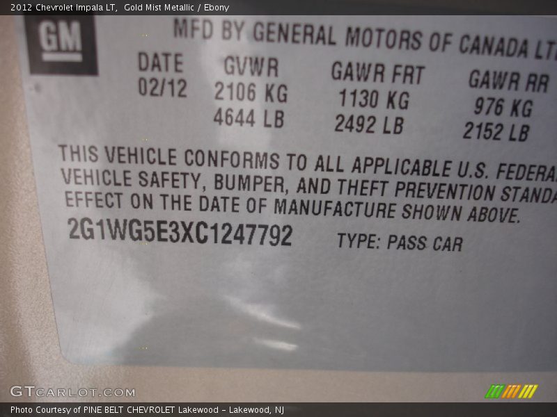 Gold Mist Metallic / Ebony 2012 Chevrolet Impala LT