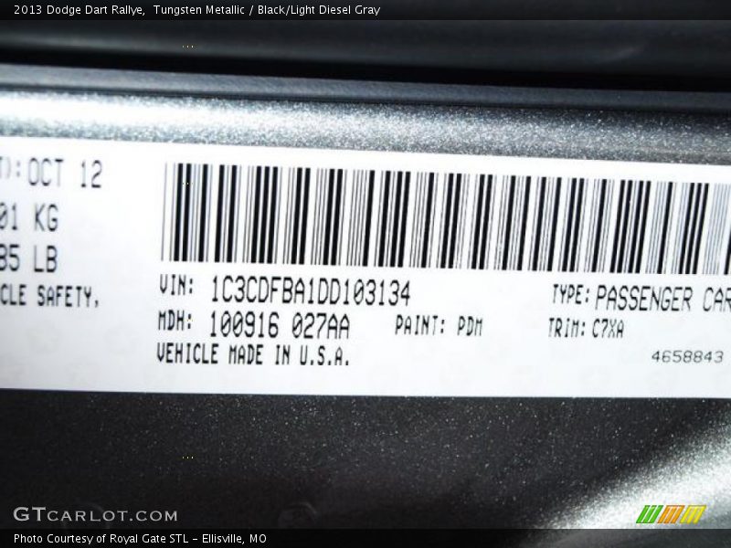 Tungsten Metallic / Black/Light Diesel Gray 2013 Dodge Dart Rallye
