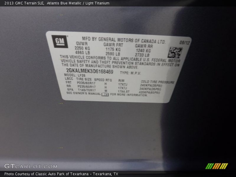 Atlantis Blue Metallic / Light Titanium 2013 GMC Terrain SLE