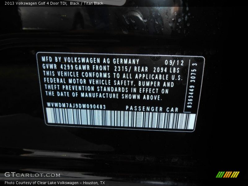 Black / Titan Black 2013 Volkswagen Golf 4 Door TDI