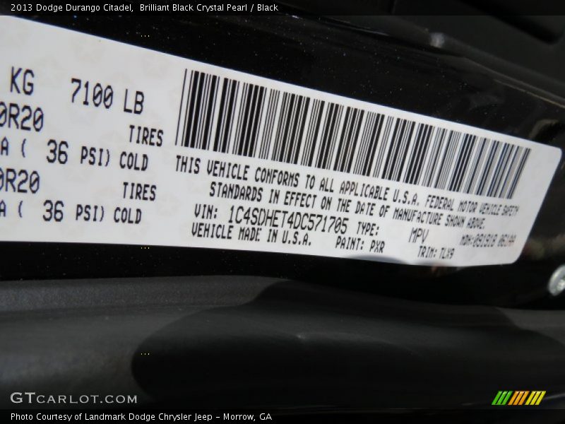 2013 Durango Citadel Brilliant Black Crystal Pearl Color Code PXR