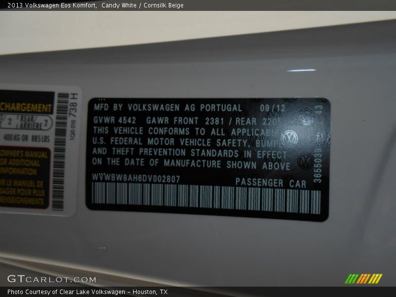 Candy White / Cornsilk Beige 2013 Volkswagen Eos Komfort