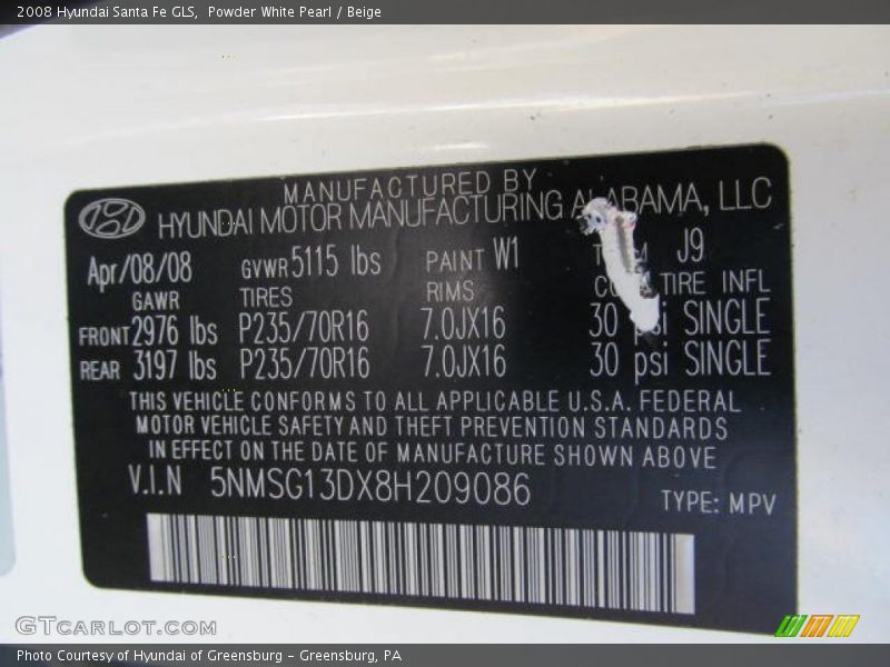 Powder White Pearl / Beige 2008 Hyundai Santa Fe GLS