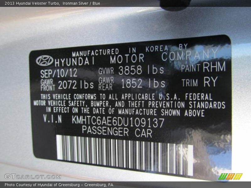 2013 Veloster Turbo Ironman Silver Color Code RHM