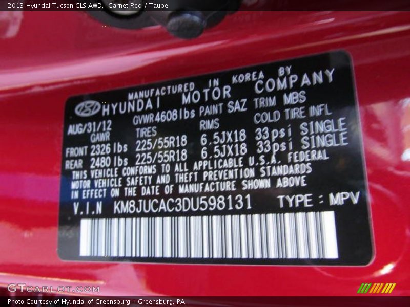 Garnet Red / Taupe 2013 Hyundai Tucson GLS AWD