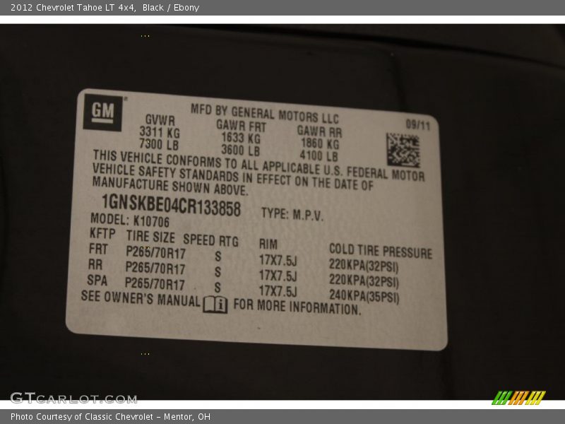 Black / Ebony 2012 Chevrolet Tahoe LT 4x4