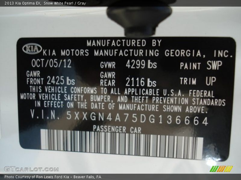 Snow White Pearl / Gray 2013 Kia Optima EX