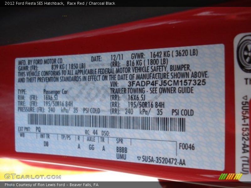 2012 Fiesta SES Hatchback Race Red Color Code PQ