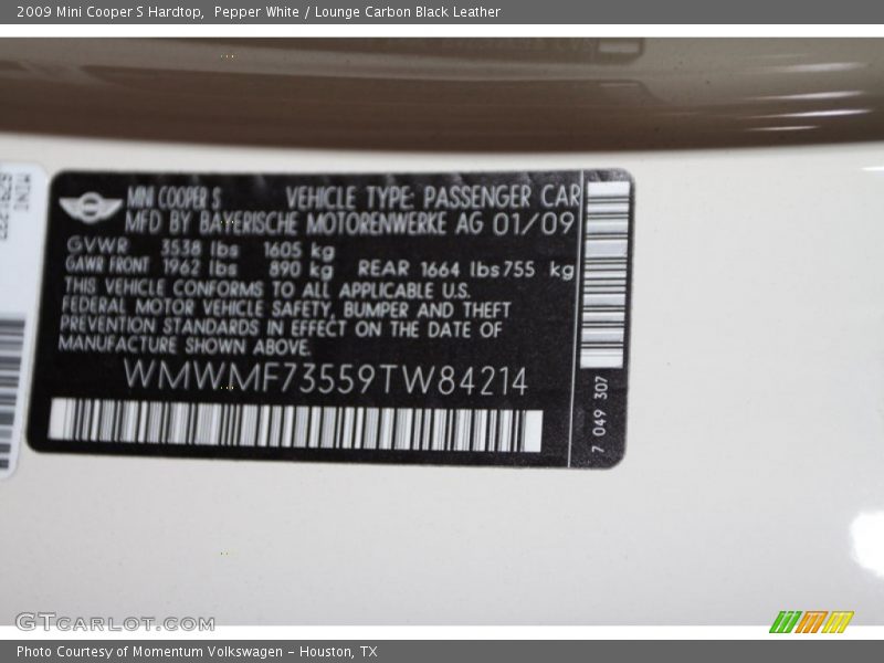 Pepper White / Lounge Carbon Black Leather 2009 Mini Cooper S Hardtop