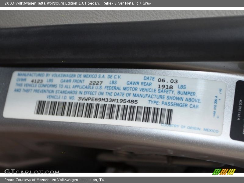 Reflex Silver Metallic / Grey 2003 Volkswagen Jetta Wolfsburg Edition 1.8T Sedan