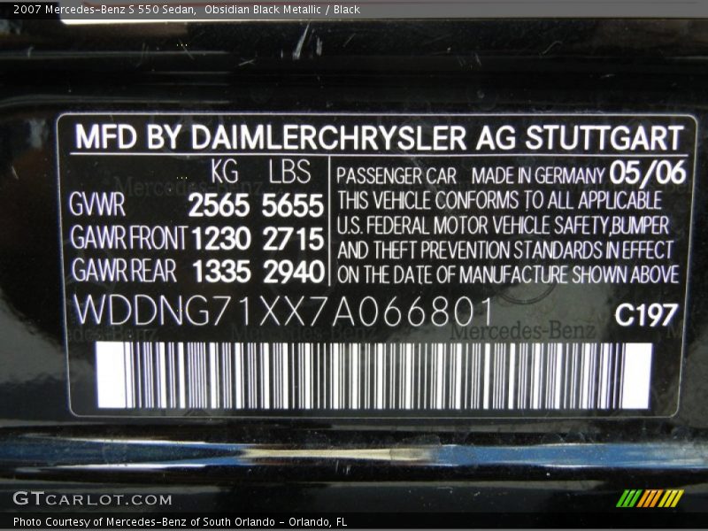 2007 S 550 Sedan Obsidian Black Metallic Color Code 197