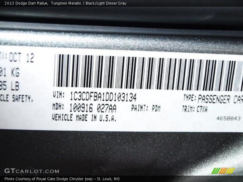 Tungsten Metallic / Black/Light Diesel Gray 2013 Dodge Dart Rallye