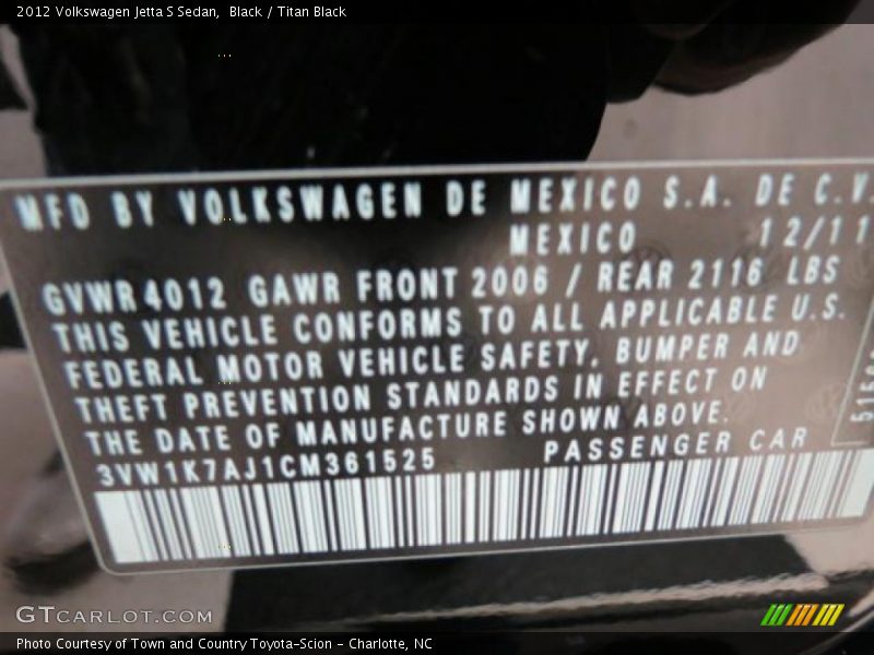 Black / Titan Black 2012 Volkswagen Jetta S Sedan