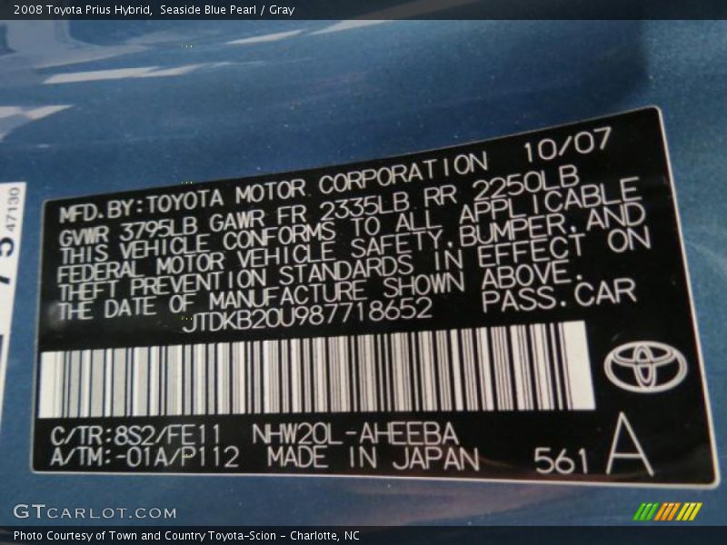 2008 Prius Hybrid Seaside Blue Pearl Color Code 8S2