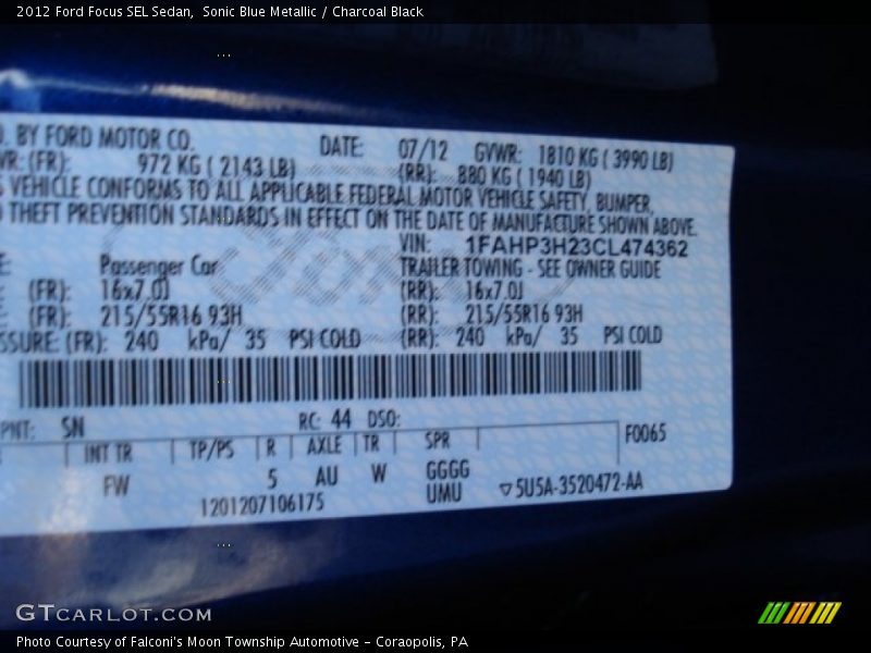 Sonic Blue Metallic / Charcoal Black 2012 Ford Focus SEL Sedan