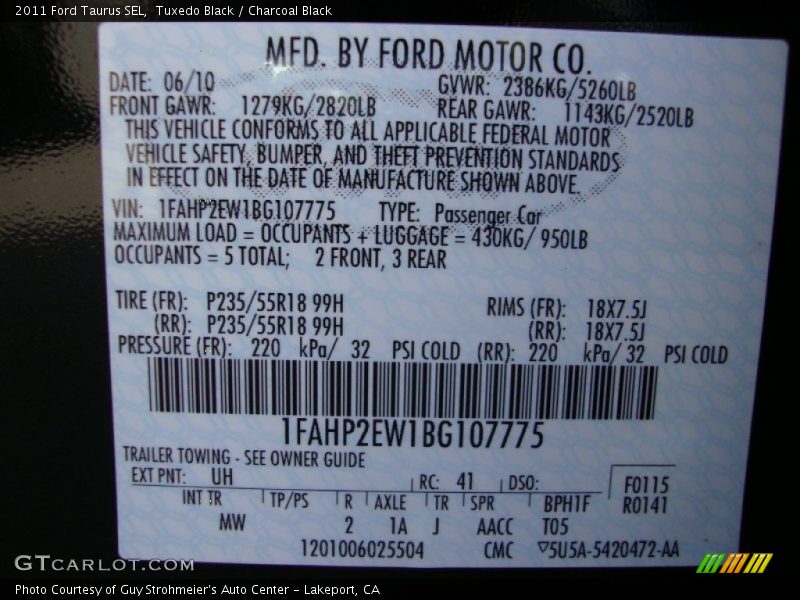 2011 Taurus SEL Tuxedo Black Color Code UH