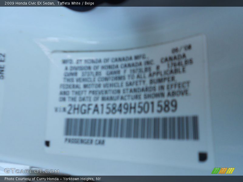 Taffeta White / Beige 2009 Honda Civic EX Sedan