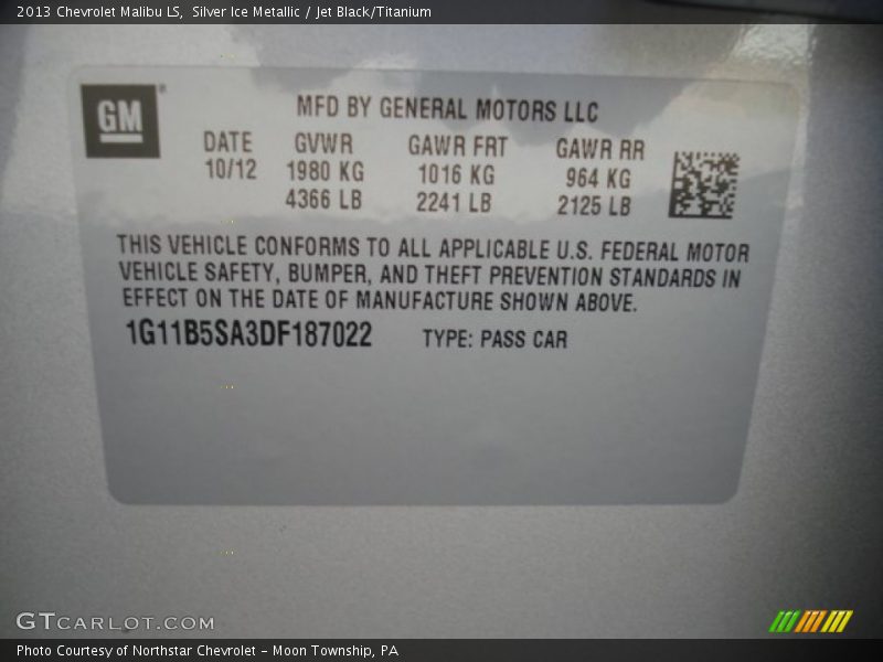 Silver Ice Metallic / Jet Black/Titanium 2013 Chevrolet Malibu LS