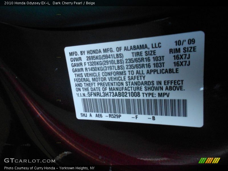 Dark Cherry Pearl / Beige 2010 Honda Odyssey EX-L