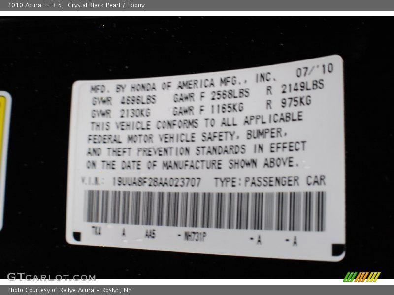 Crystal Black Pearl / Ebony 2010 Acura TL 3.5